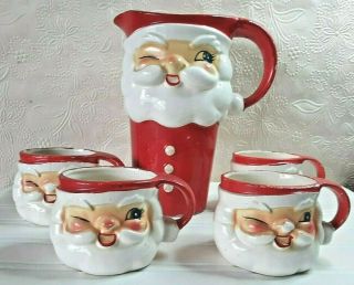 Vtg Holt Howard Winking Santa Set Pitcher And 4 Cups With Stickers 1964