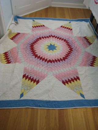 Vintage Star Hand Pieced Quilted Pink Yellow Burgundy Blue White Quilt 70 X 75