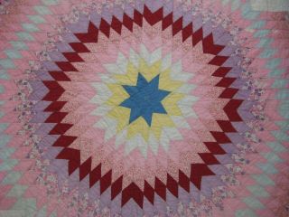 Vintage STAR Hand Pieced Quilted Pink Yellow Burgundy Blue White Quilt 70 x 75 2