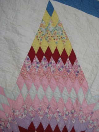 Vintage STAR Hand Pieced Quilted Pink Yellow Burgundy Blue White Quilt 70 x 75 3
