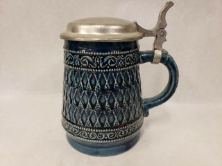 Marzi & Remy German Beer Stein With Lid Cobalt Blue And White Diamond Pattern
