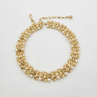 Vintage Trifari Necklace,  Faux Pearl Clear Rhinestone Gold Tone,  Elegant Choker