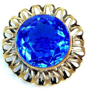 Antique Button Large Cobalt Blue Glass Jewel In Brass Filigree Setting