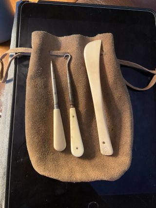 Antique Needlework Tools With Bone Handles And Suede Case