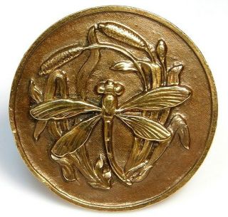 Antique Vtg Button Large Stamped Brass Dragonfly Insect In Cat Tails G