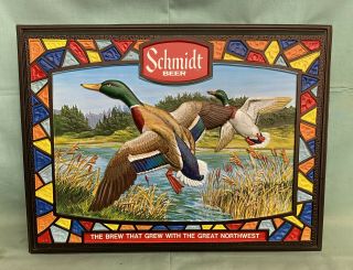 Vintage Schmidt City Club Beer Lighted Sign 1976 Mallards Stained Glass Nos Embo