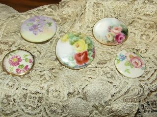 5 Antique Porcelain Buttons Hand Painted Flowers Stud Button Old Vintage Sewing
