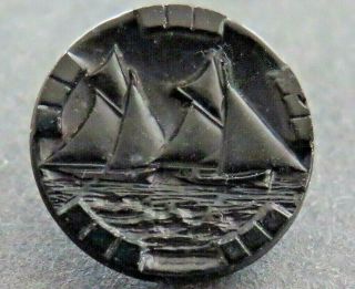 Sml Black Glass Transportation Button - Regatta,  2 Ships With Sails,  Border