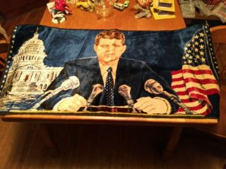 Vintage 1960s Jfk President John F Kennedy Tapestry Rug Velvety Wall Art Italy