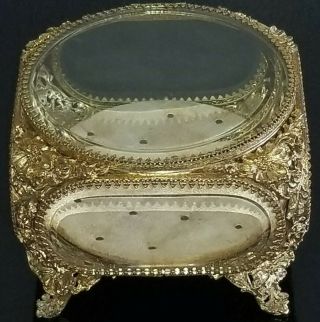 Vtg Signed Matson Large Floral 24k Gold Gilded Beveled Glass Casket Jewelry Box