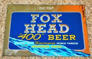 1950s Fox Head " 400 " On Tap Beer Roaring River Rog Glass Sign W/ Pop Out Easel