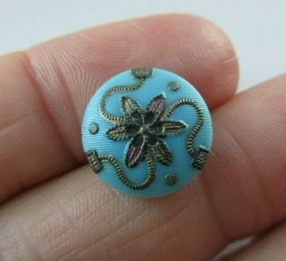 Lovely Antique Vtg Turquoise Glass Button W/ Enamel Floral Design 9/16 " (g)
