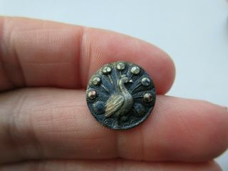 Delightful Antique Vtg Tinted Pewter Metal Picture BUTTON Peacock Bird 5/8 