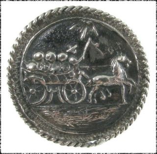 Antique Dutch Peasant Silver Button - Farmer With Horse Drawn Wagon
