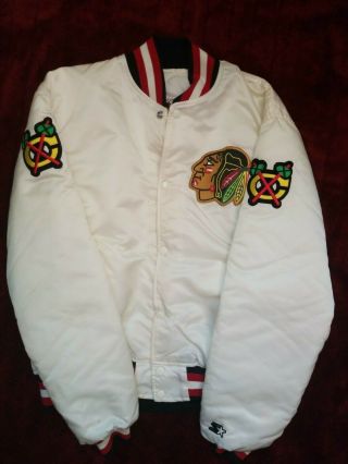 Vtg Adult L Starter Nhl Chicago Blackhawks White Satin Logo Jacket Button Up