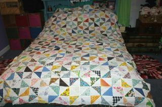 Quilt Top Handmade Triangle Colorful Patchwork Cotton 60x88 " Blanket Vintage