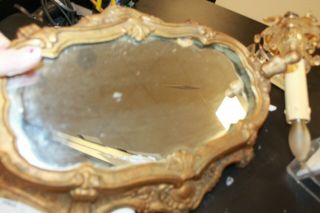 Vintage Vanity Tray Mirror Gold Painted Metal Boy Edge Floral Footed 16x12x4