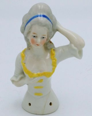 Antique Vintage German Half Doll Bisque Porcelain Long Gray Hair Blue Ribbon
