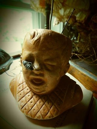 Antique Victorian Pin Cushion - Very Unusual - Baby Crying With Bug On His Face