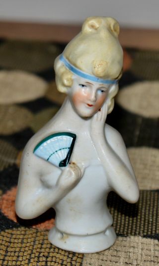 Antique Half Doll Lady With A Fan Germany