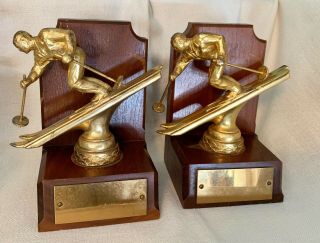 Vintage Ski Skier Bookends Wood & Metal Bronze? Brass? Action Downhill Skiing