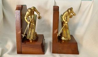 Vintage SKI SKIER BOOKENDS Wood & Metal Bronze? Brass? Action Downhill Skiing 2