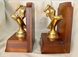 Vintage SKI SKIER BOOKENDS Wood & Metal Bronze? Brass? Action Downhill Skiing 3