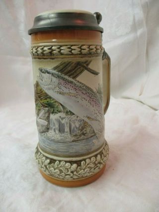 Vintage W.  Germany Gerz Pewter Lid Beer Stein Leaping Trout Dragonfly Bird