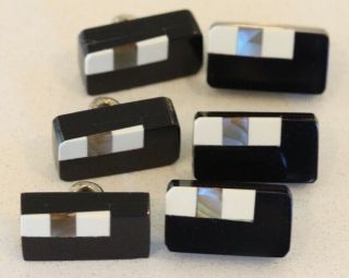 Set 6 Small Antique Art Deco Buttons Black Celluloid With Cream & Abalone Inlay