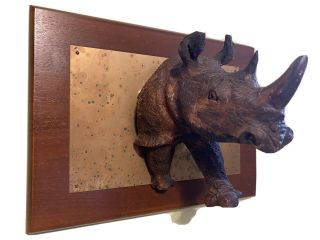 Vintage Wood Brass And Resin Rhino Wall Hanging Sculpture 1960s