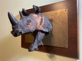 Vintage Wood Brass And Resin Rhino Wall Hanging Sculpture 1960s 2