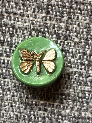 Vintage Green Glass Button With Raised Gold Luster Butterfly