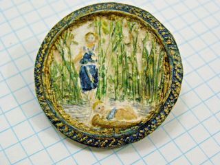 1 1/2 " Antique Pictorial Handpainted Composition Studio? Button Moses In Reeds