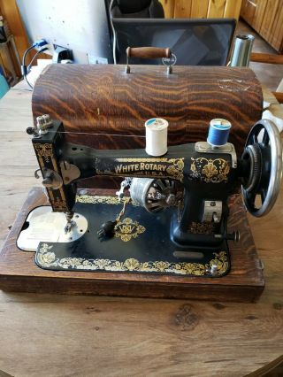 White Rotary Sewing Machine In Wooden Case