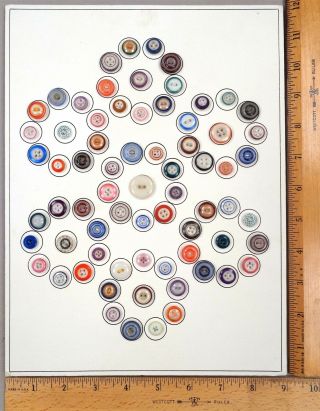 Card Of 70 Antique China Buttons,  Assorted Styles And Colors