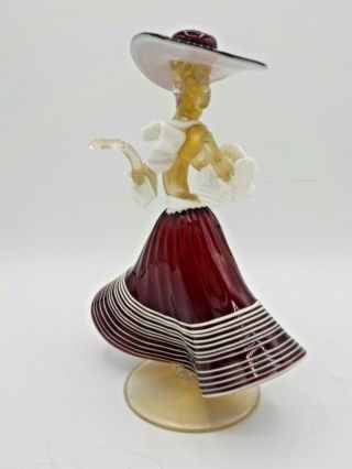 Vintage Murano Art Glass Goldoni Lady In Red Dress Hat Figurine Sculpture Italy