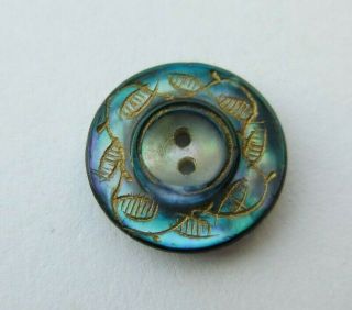 Vibrant Small Antique Vtg Blue Dyed Carved Mop Shell Button Incised Gold (h)