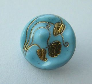 Exquisite Antique Vtg Turquoise Glass Button Art Nouveau Flowers 5/8 " (h)