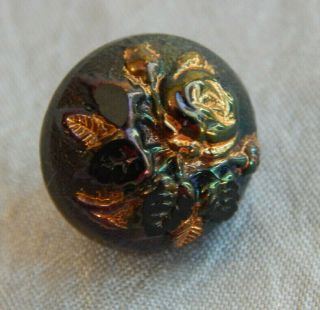 Antique Black Glass Button Realistic Rose Aprx:1/2 " 1527 - A