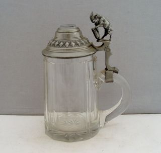 Unusual Antique German Cut Glass Crystal Pewter Mounted Stein With Mountain Goat