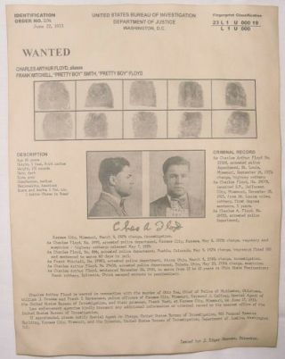 Pretty Boy Floyd Wanted Poster W/prints,  Gangster,  Outlaw,  Bank Robber