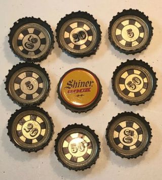 Rare Shiner Bock Pong Bottle Caps,  Nine Caps In All With Denominations Inside.