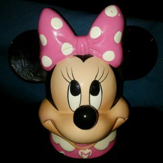 Disney Enesco Minnie Mouse Head W/ Pink Bow Ceramic Piggy Bank 6.  5 "