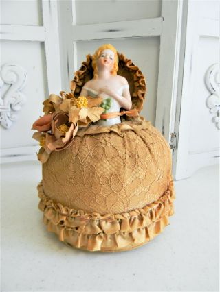1940 ' s Vintage Victorian Porcelain Half Doll Pin Cushion Lace Millinery Flowers 3