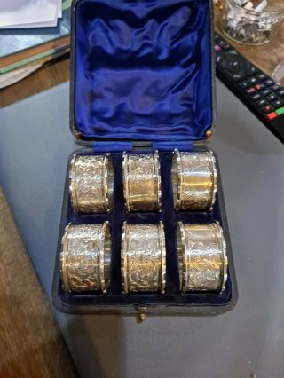 Antique Set Six Boxed Victorian Silver Napkin Rings - Hallmarked Bham 1897