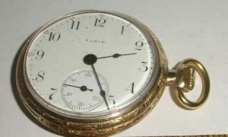 Vintage 1912 Elgin Open Face Pocket Watch 12s 10k Gold Filled Wadsworth
