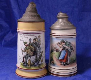 Antique Pair Porcelain German Beer Steins With Lithophanes Shooting C.  1890 (dam. )