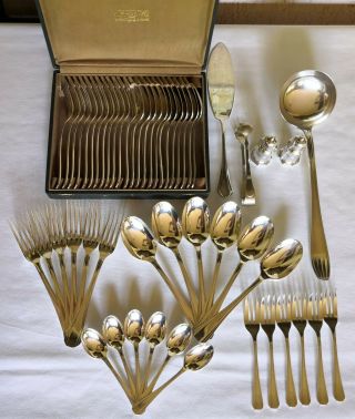 1935 Art Deco Christofle Boreal Luc Lanel Silver Plated 53 Piece Cutlery Set