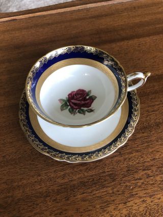Vintage Paragon Cobalt Footed Cup & Saucer W/red Rose & Heavy Gold Signed A4448