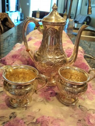 Old Sterling Silver Mueck - Carey Co.  Repousse Coffee Pot Creamer & Suga